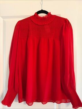 ANN TAYLOR Red Smocked High-Neck Women's Blouse